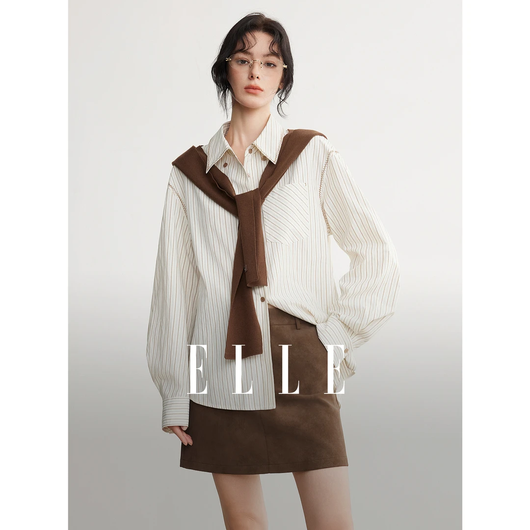 ELLE女装条纹拼接长袖衬衫26春季新款通勤时髦休闲衬衣EC63492