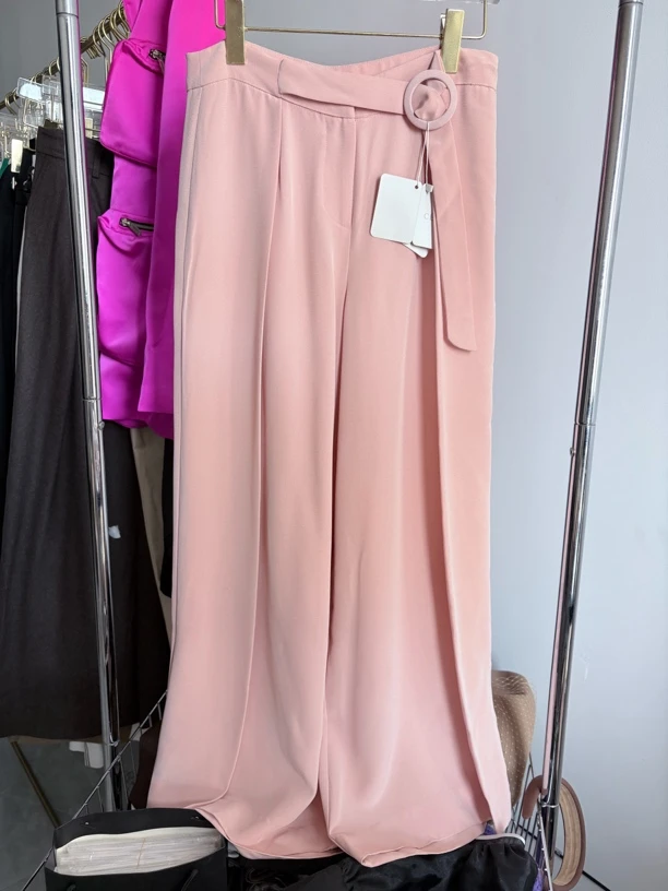 夏季显瘦浅粉色阔腿西裤