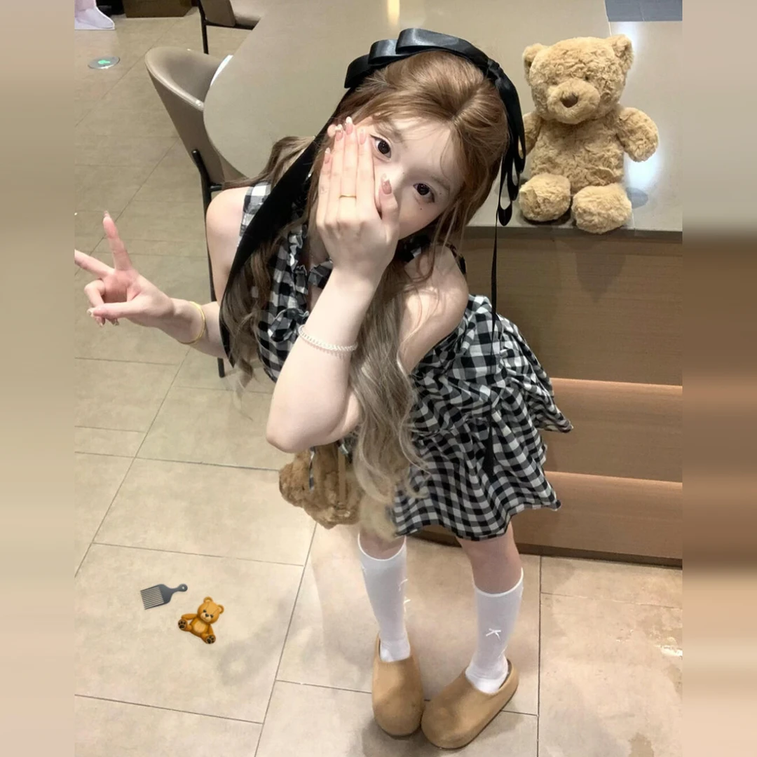 新款韩系复古格子无袖背心挂脖连衣裙子女夏海边度假收腰短裙5440