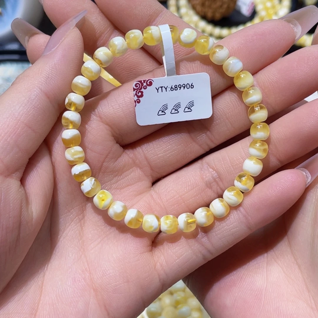 未镶嵌蜜蜡手串6mm 玻璃金底漆白宝盆溶洞