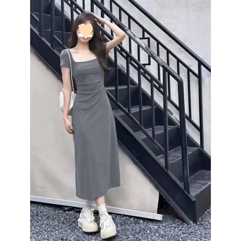 法式时尚复古显瘦夏季气质小众设计感连衣裙子女装，2024秋季灰色