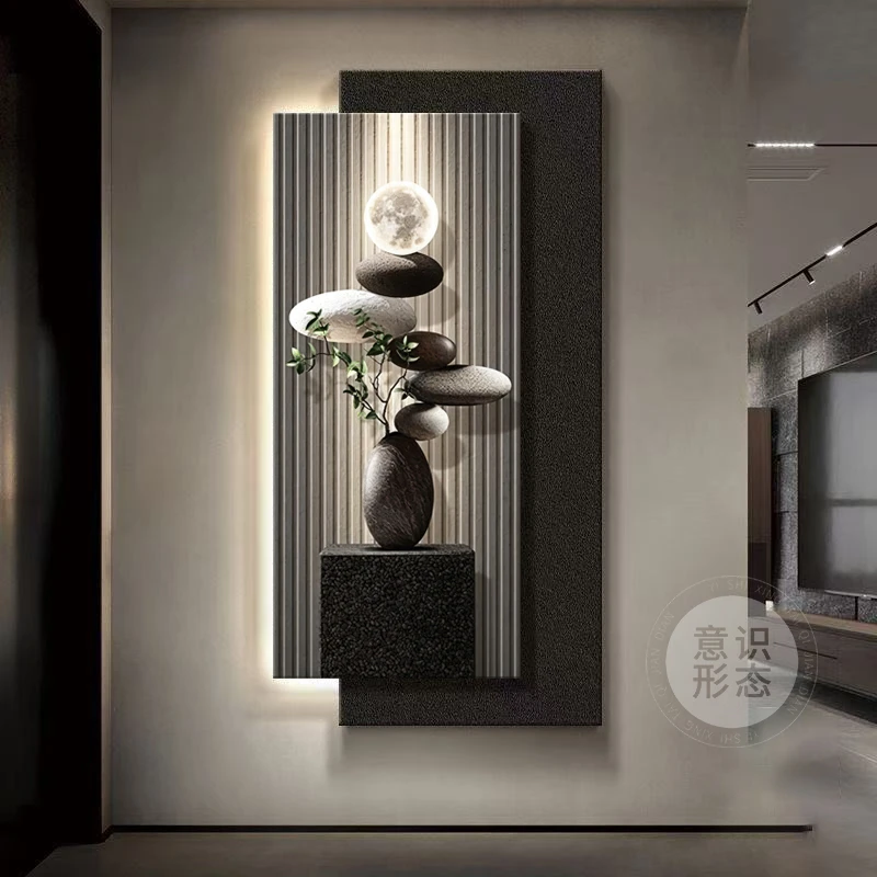 现代轻奢玄关墙装饰画叠加挂画2025新款高级感带灯正对入户门壁画