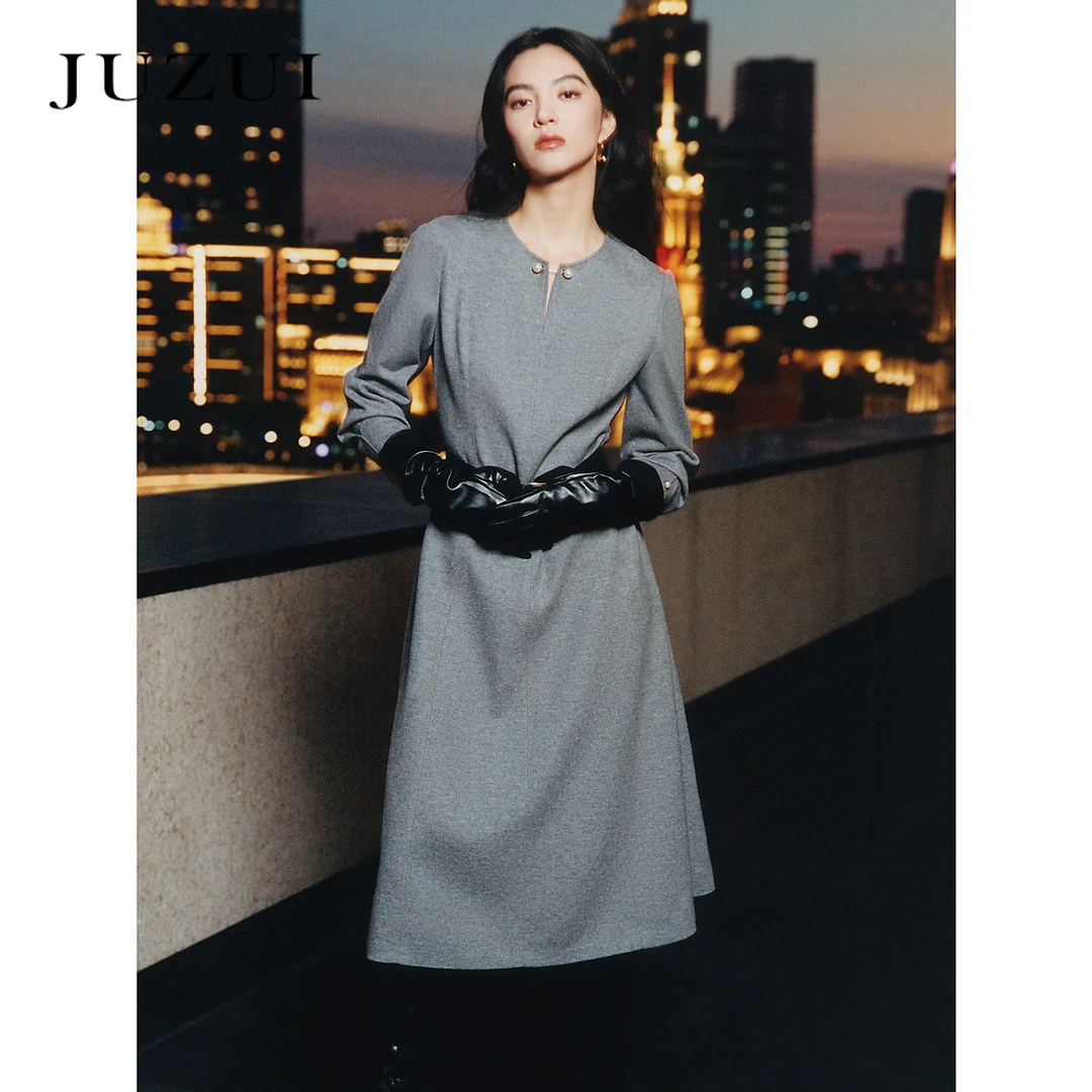 商场同款JZ玖姿格雷系优雅羊毛连衣裙女装2024冬季新款JWED50017
