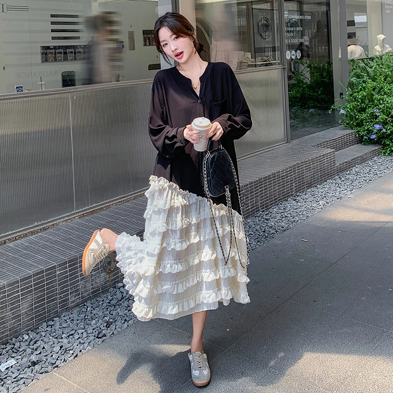 撞色拼接连衣裙新款女装中长女士裙子显瘦时尚法式长袖