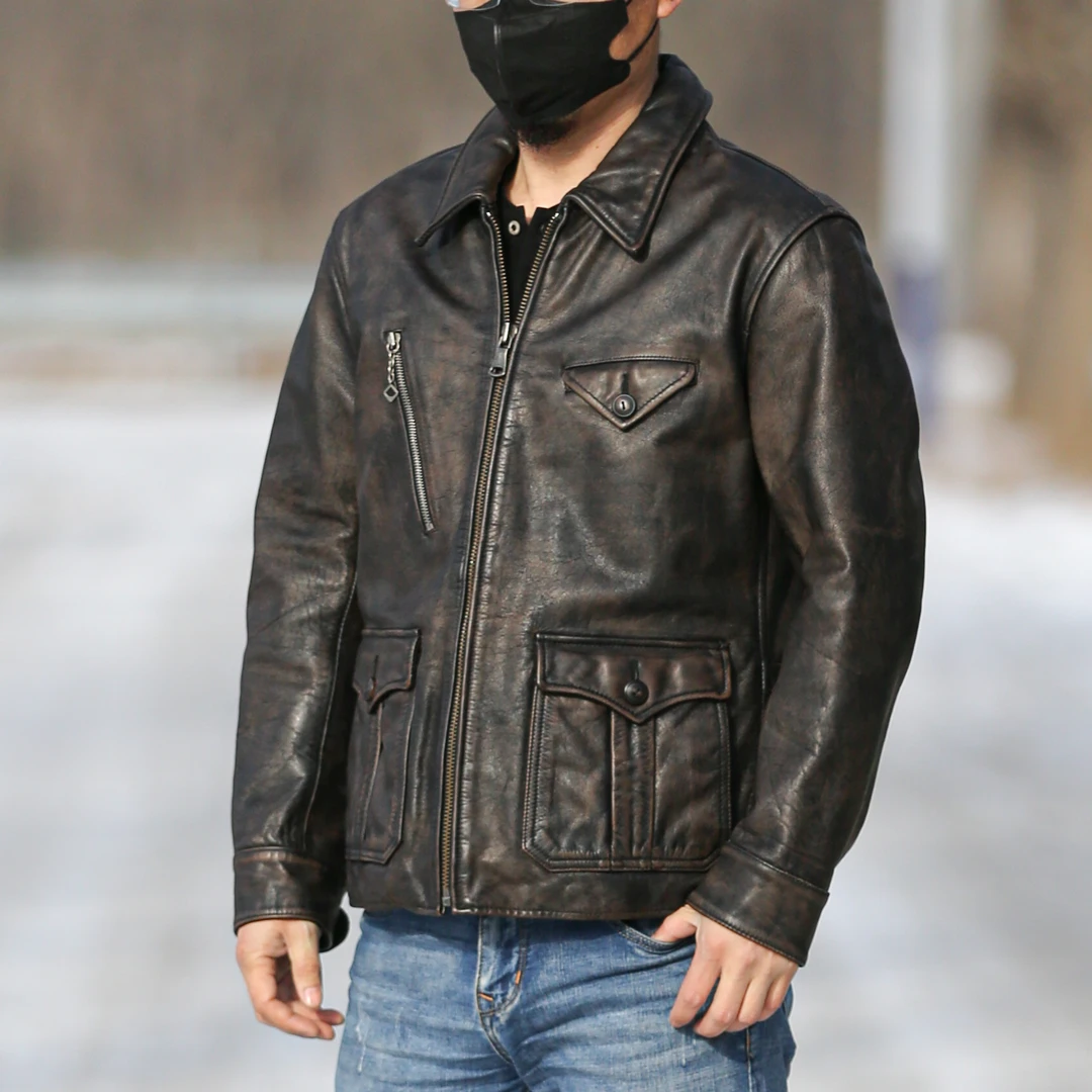 美式复古双色做旧茶芯报童修身加厚牛皮夹克男士翻领多兜经典百搭