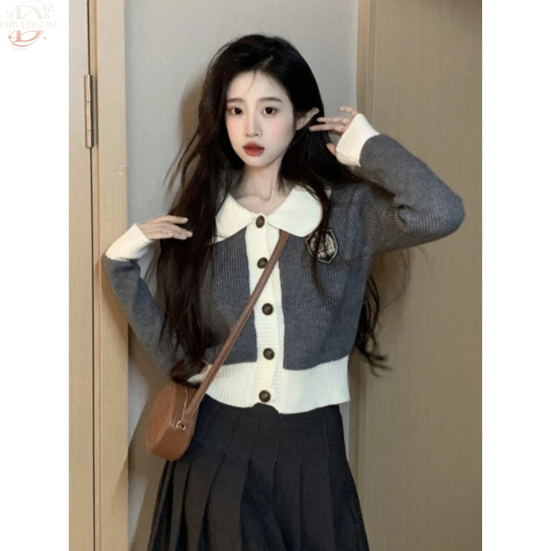 慵懒风灰色短款针织开衫女秋季2025年新款法式翻领小个子毛衣外套