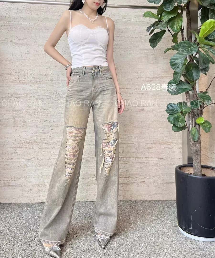 直筒牛仔裤破洞贴布蕾丝夏季直筒拖地裤修身显瘦时髦新款2025