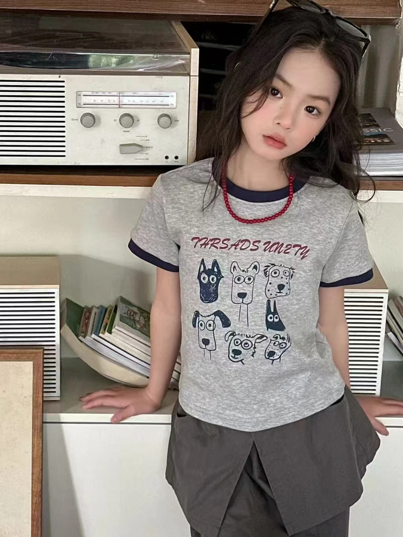 女童韩版洋气短袖t2025夏款儿童时尚撞色T恤中大童休闲百搭上衣