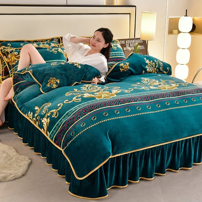 新款高克重牛奶绒四件套双面牛奶绒加厚加绒床裙款床品套件【8-9斤