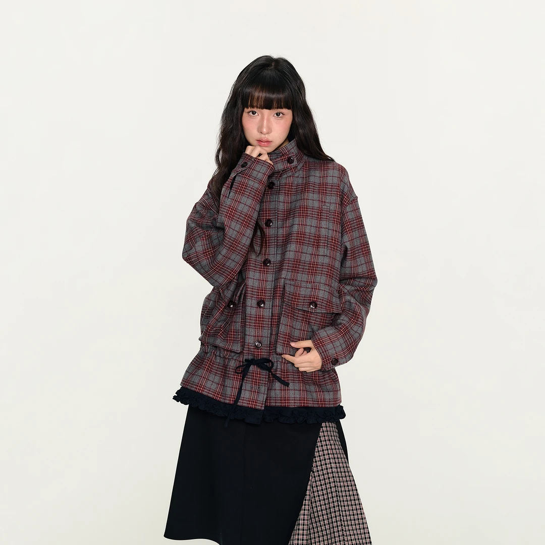 Amweird 25aw"晚秋的回廊"格纹立领抽绳大口袋毛呢宽松夹克外套