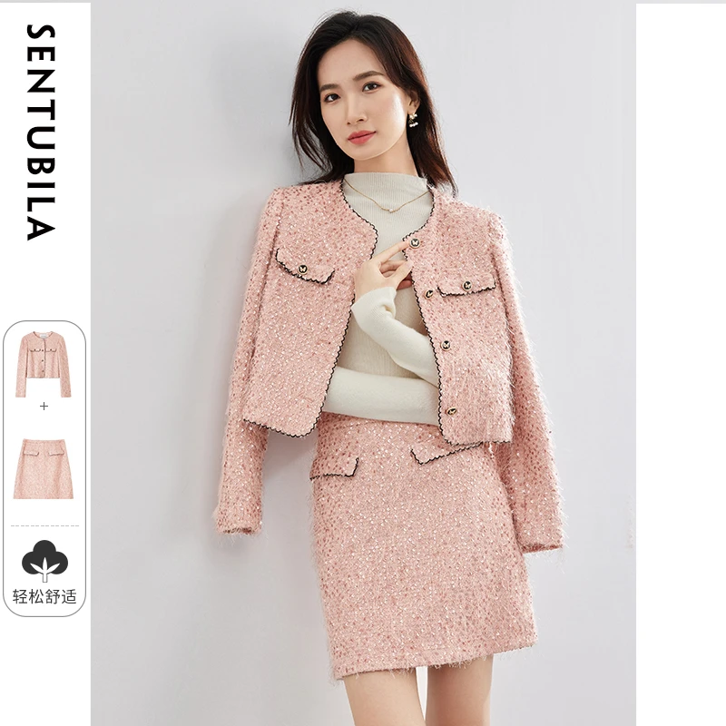 尚都比拉优雅简约圆领小香风外套直筒短款半身裙小个子套装52351