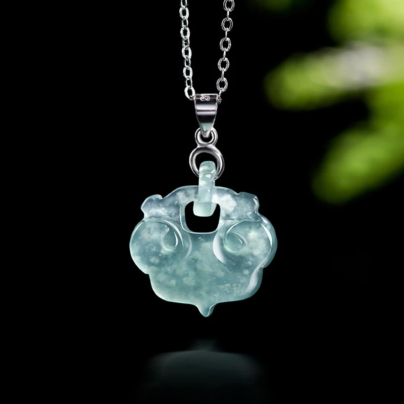 正品天然A货翡翠蓝水如意锁骨吊坠S925银镶冰种玉石小挂件潮项链