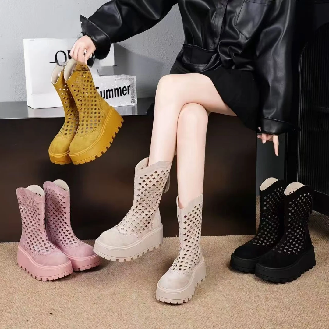 高跟短筒透气镂空圆头耐磨通用靴厚底英伦风夏季单靴女鞋筒靴