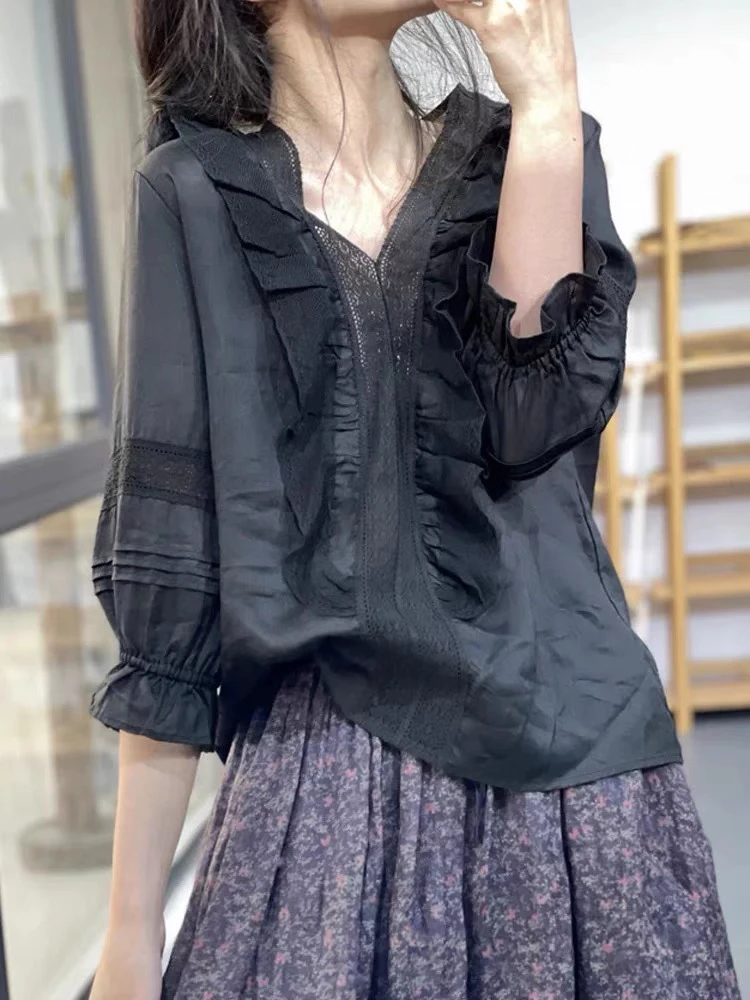 苎麻法式木耳边衬衫V领设计感泡泡袖小衫