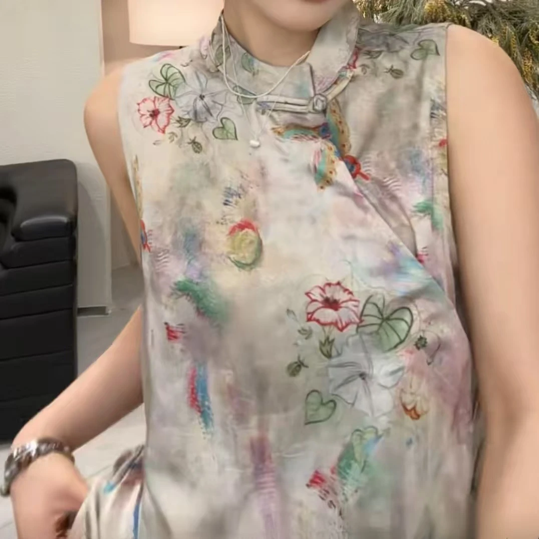 新中式国风盘扣印花马甲衬衫女夏季老钱风宽松显瘦背心无袖上衣