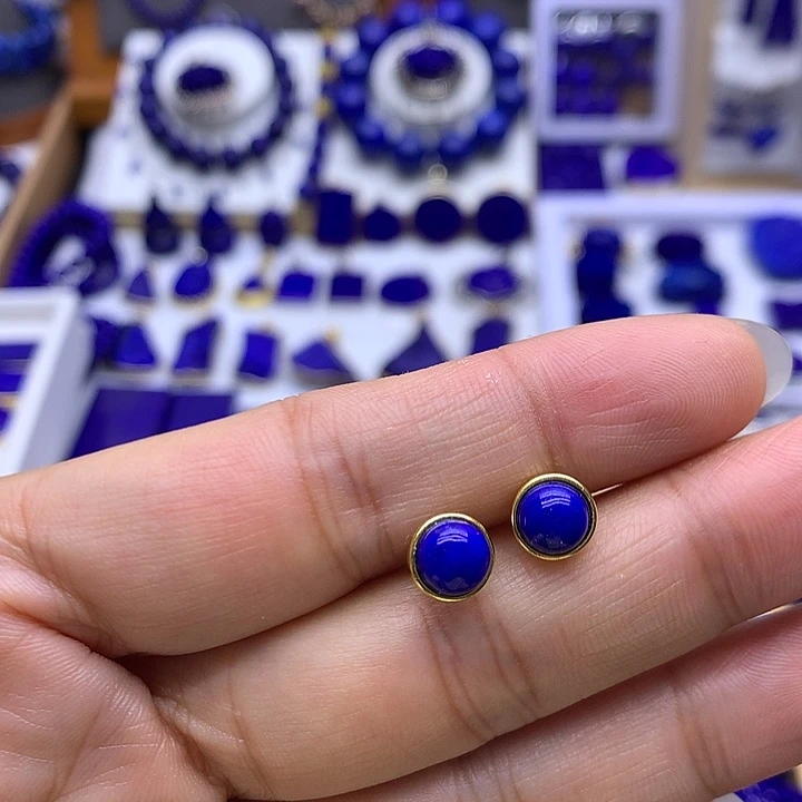 青金石银S925镀金镶嵌耳钉