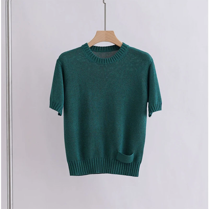 染棉混纺百搭针织短袖圆领复古休闲薄款毛衣女上衣针织衫套头女款