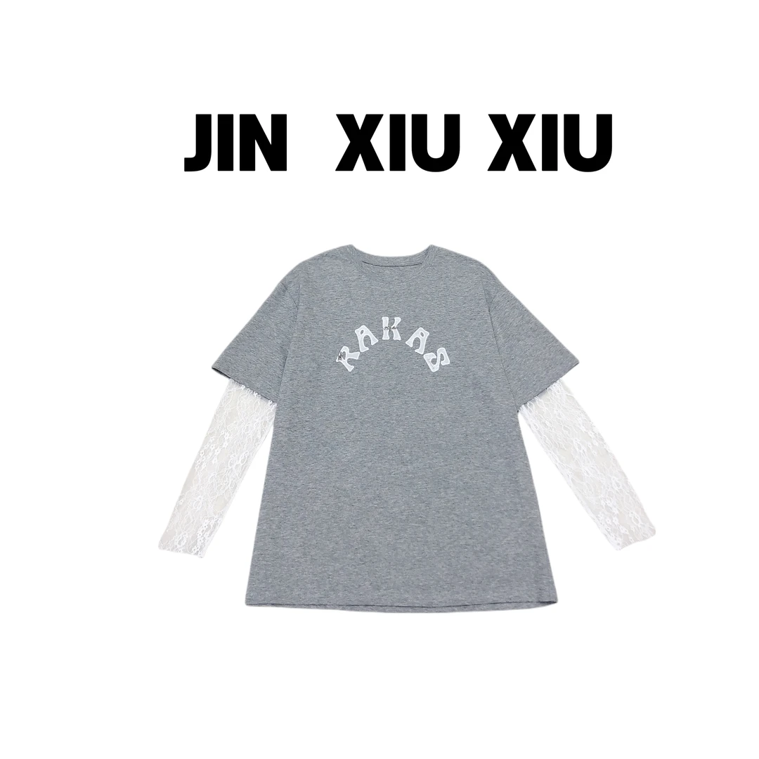 JINXIUXIU春夏新款勾花镂空拼接韩系甜美圆领T恤899