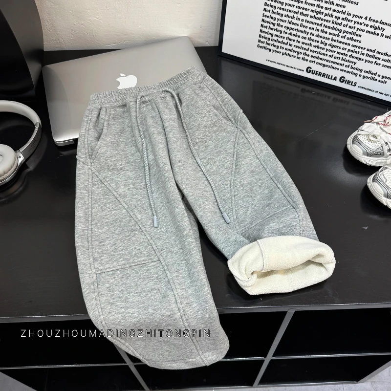 【舟舟妈新款】2025冬新款男女童亲子韩版时尚明线装饰加绒保暖卫裤