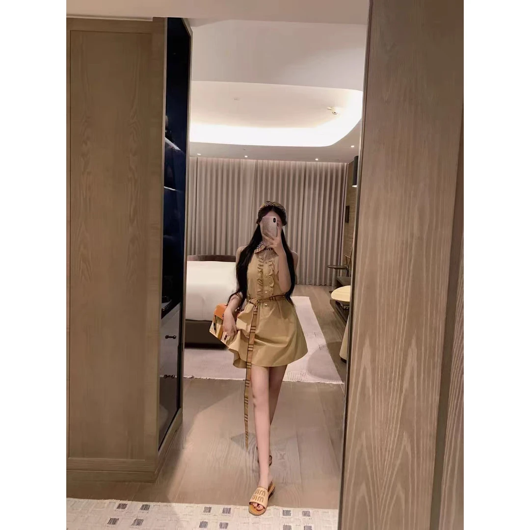 夏季新款设计感木耳边修身显瘦拼接polo领无袖背心连衣裙木耳6407