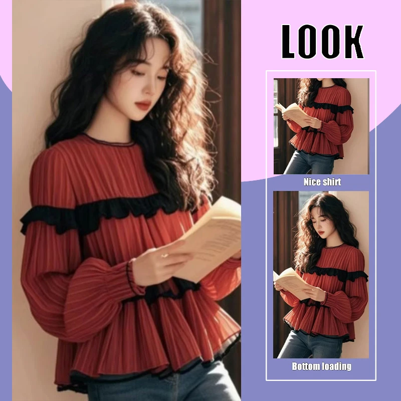 法式高级感红色设计长袖衬衫女装春季木耳边独特甜美娃娃衫上衣