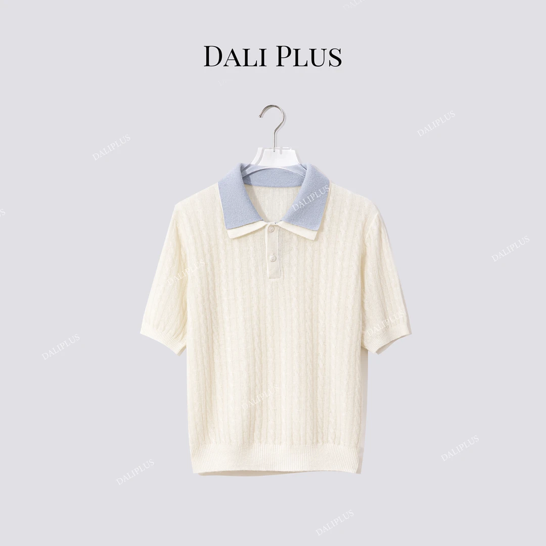 DALI PLUS“100绵羊毛 ”撞色双层POLO领麻花短袖针织-D5CH4695