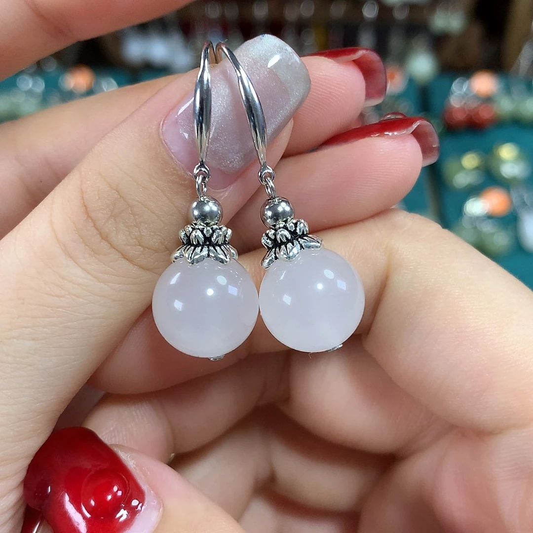 石英质玉（金丝玉）银S925镶嵌耳饰新疆卡12mm左右