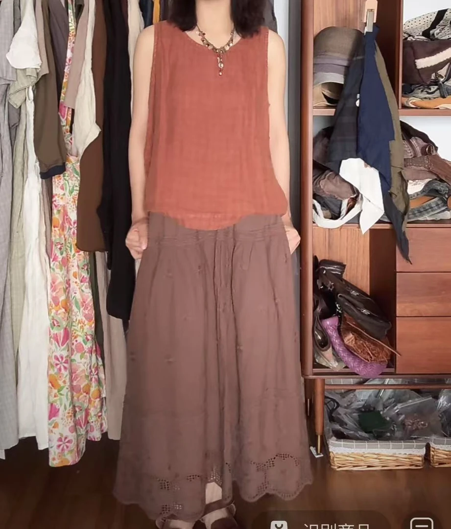 复古刺绣咖色半身裙【裙长80】