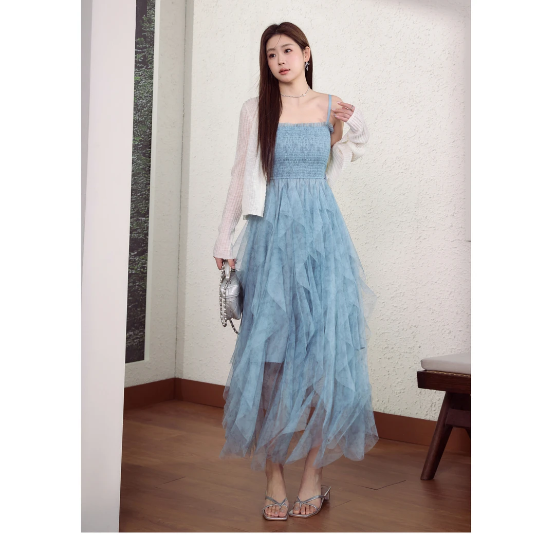 蓝语大码女装法式定制网纱吊带裙防晒开衫秋季度假风连衣裙两件套