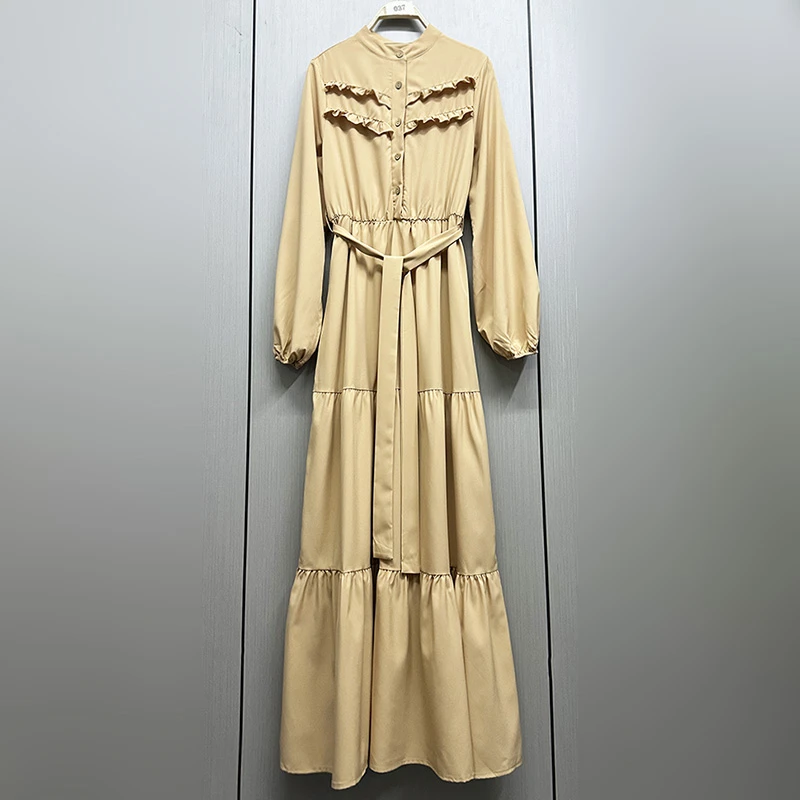 新款170高个子圆领时尚长袖气质女装松紧腰A字裙百搭休闲连衣裙