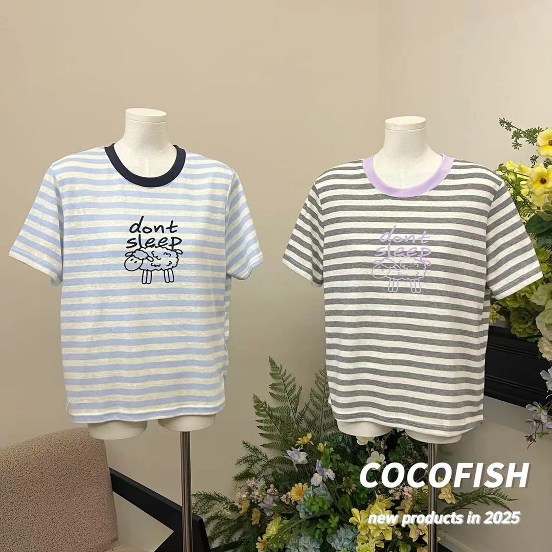 宽松条纹短袖T恤圆领设计感撞色休闲百搭上衣#66228