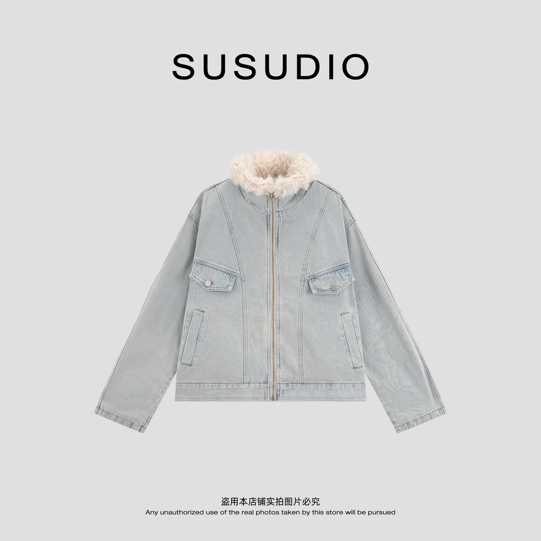 SUSUDIO 冬季休闲复古保暖毛绒夹克水洗牛仔夹棉外套 70368