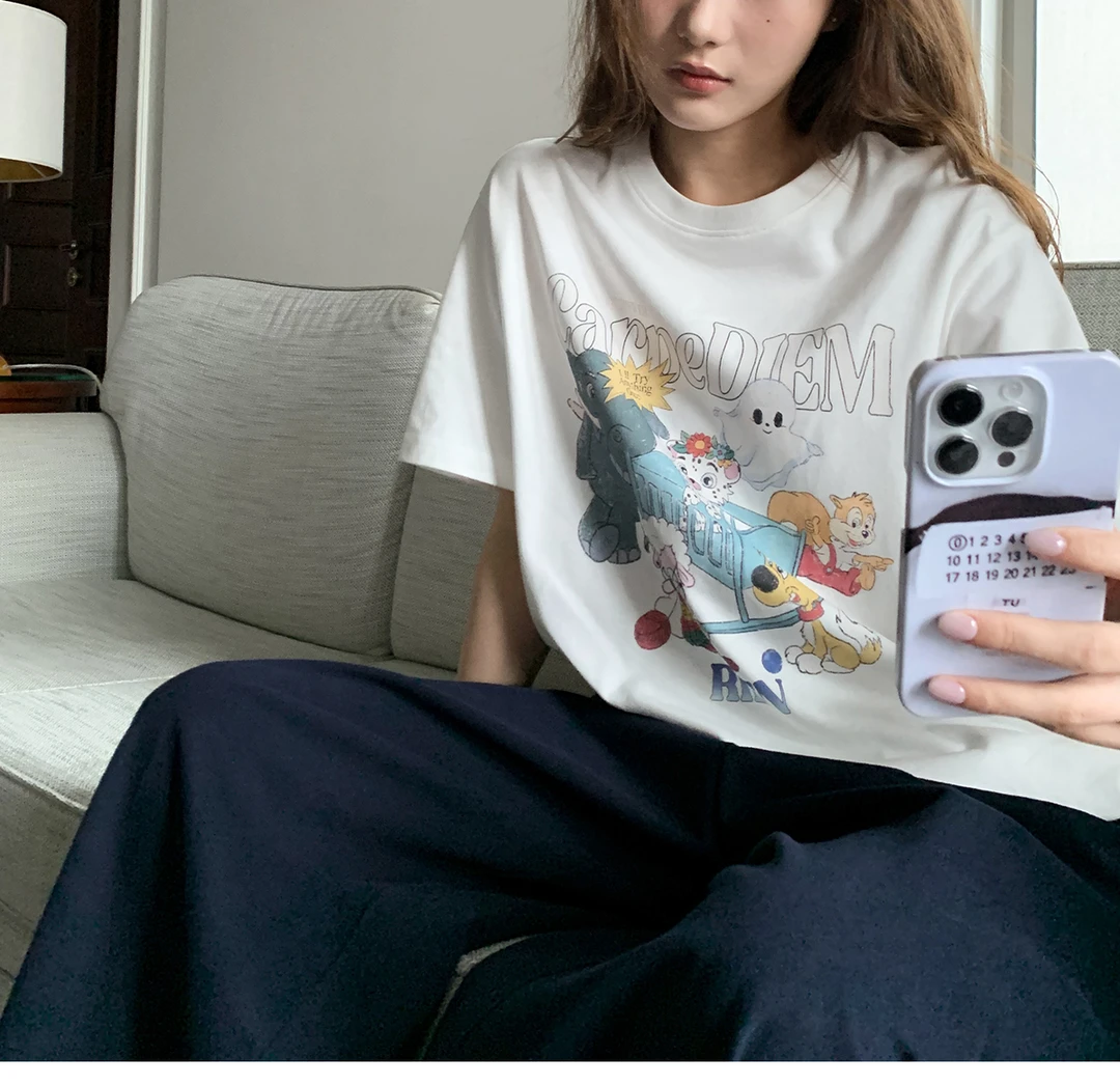 纯棉正肩卡通短袖t恤女2025新款美式百搭宽松显瘦半袖上衣潮流
