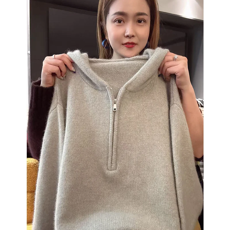 半拉链帽衫」纯色百搭~冬季新款宽松显瘦慵懒风长袖针织毛衣-5717