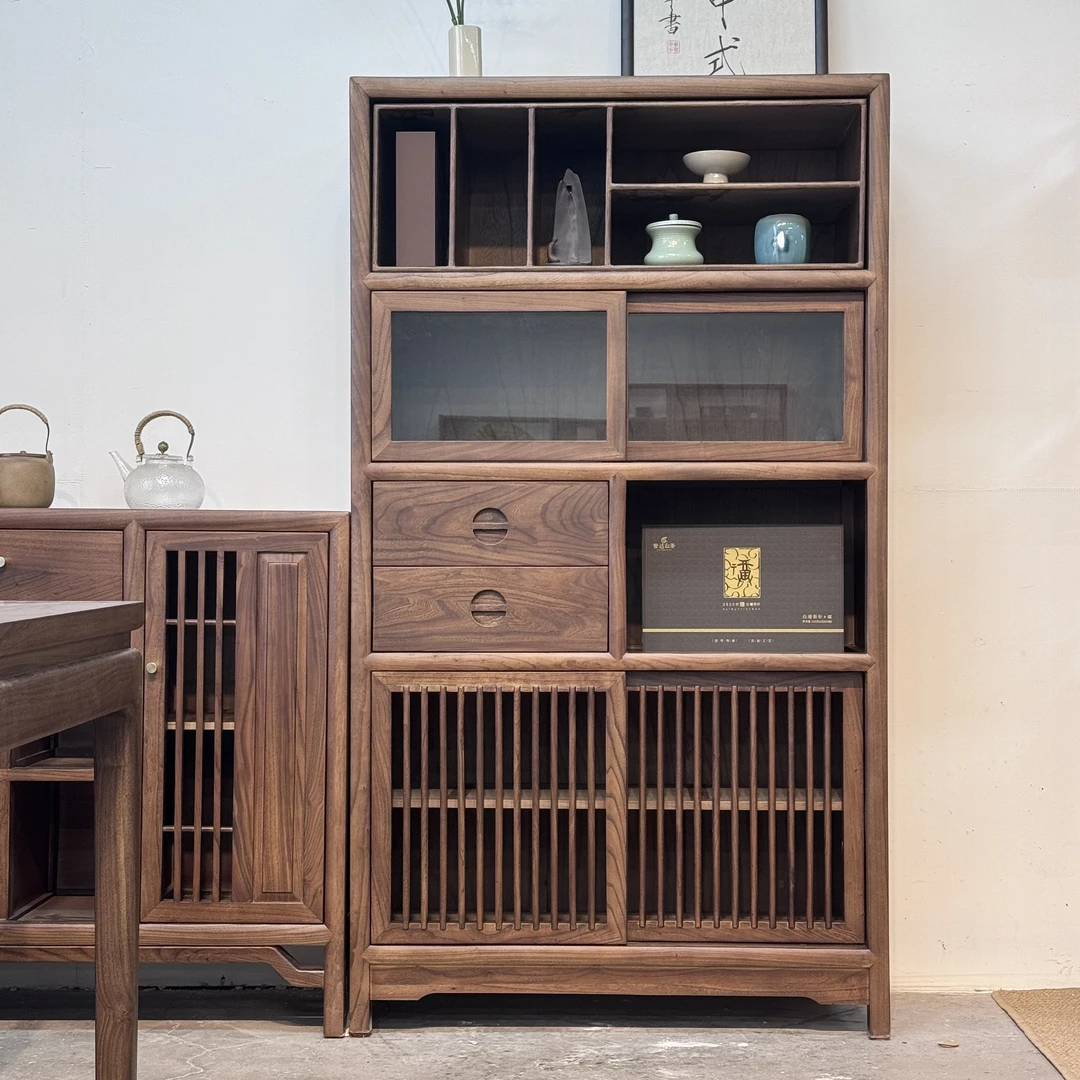 栖于木多宝阁玻璃收纳柜新中式榆木黑胡桃色茶叶茶壶置物柜