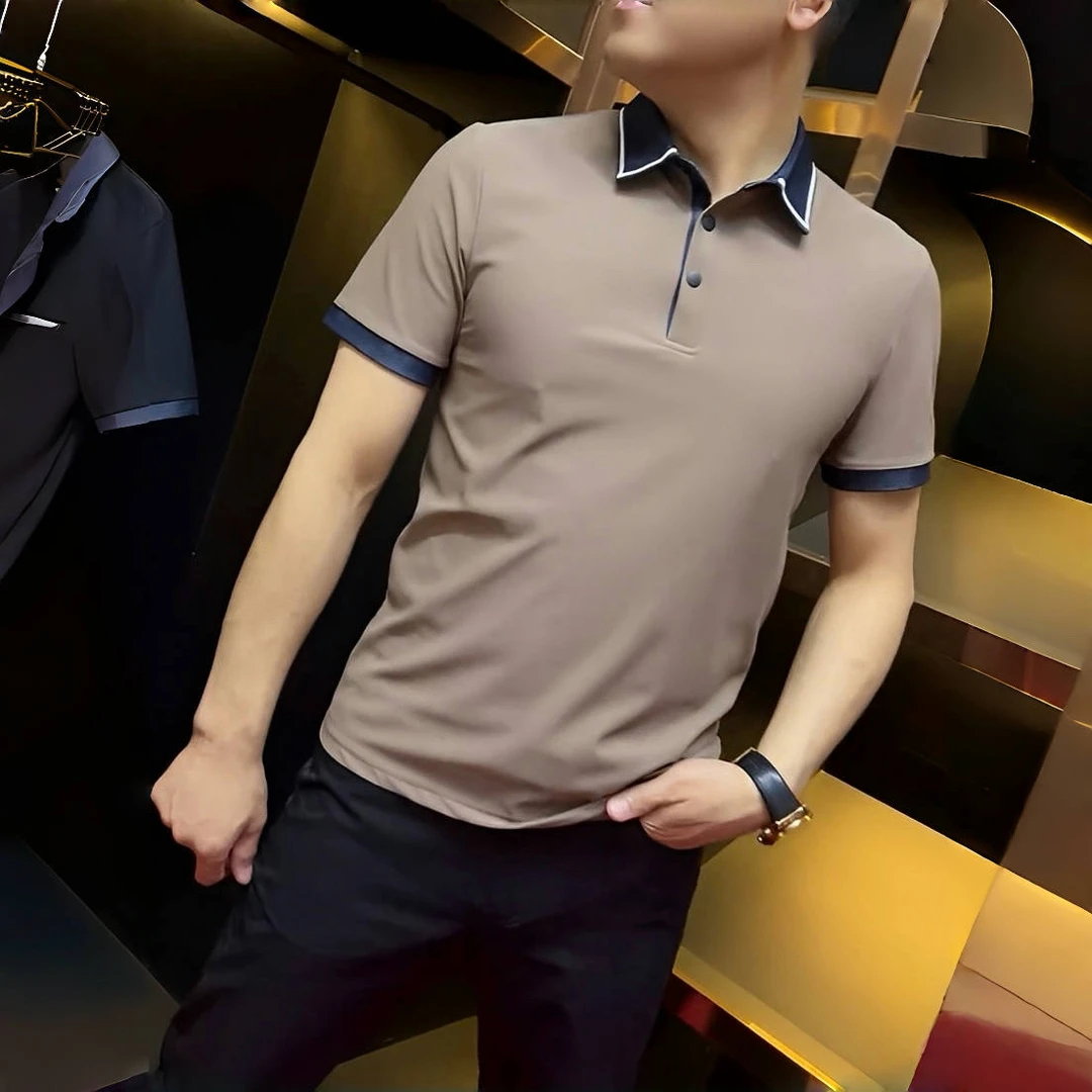 男士Polo衫2025年夏季新款时尚百搭商务休闲翻领修身半袖个性拼接