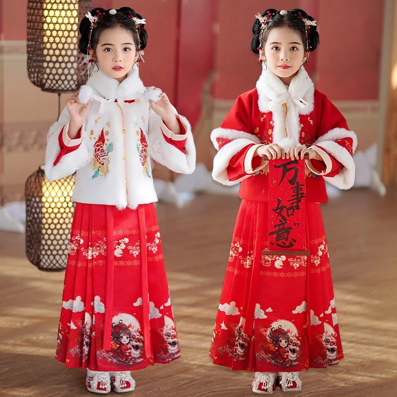 汉服宝宝女童冬季公主裙冬款加绒秋冬女套装拜年服冬装中国风