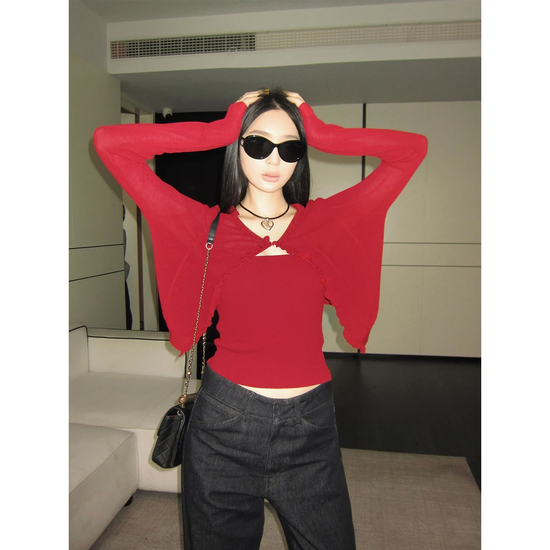 周淼【降温冰沙】木耳边麻花纹理开衫 修身百搭针织衫女ZM25M5008J