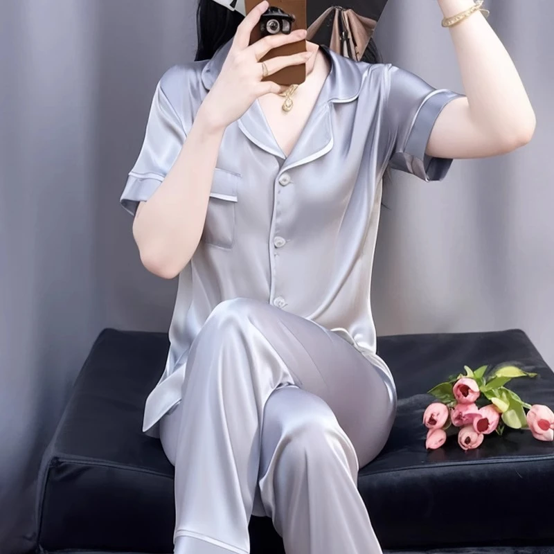 tpvl2025新款水光绸睡衣女夏季短袖长裤家居服套装纯色可外穿薄款