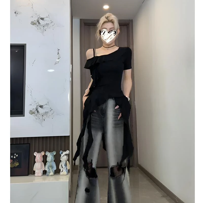 黑色百搭木耳飘带不规则下摆斜肩短袖女2025夏新款高级感黑色上衣
