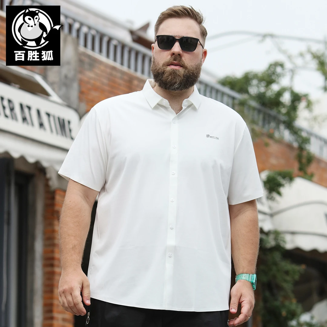 百胜狐大码男装短袖套头衬衫2025夏胖子加肥宽松休闲冰丝轻薄上衣