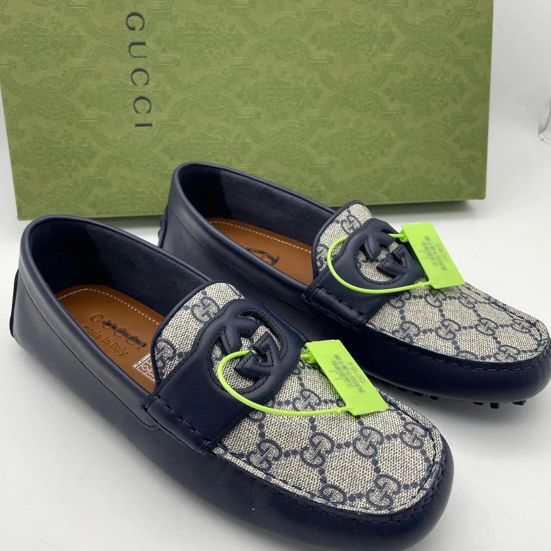 99新 GUCCI/古驰 39.5码 蓝色镂空设计满印豆豆鞋/全套未使用