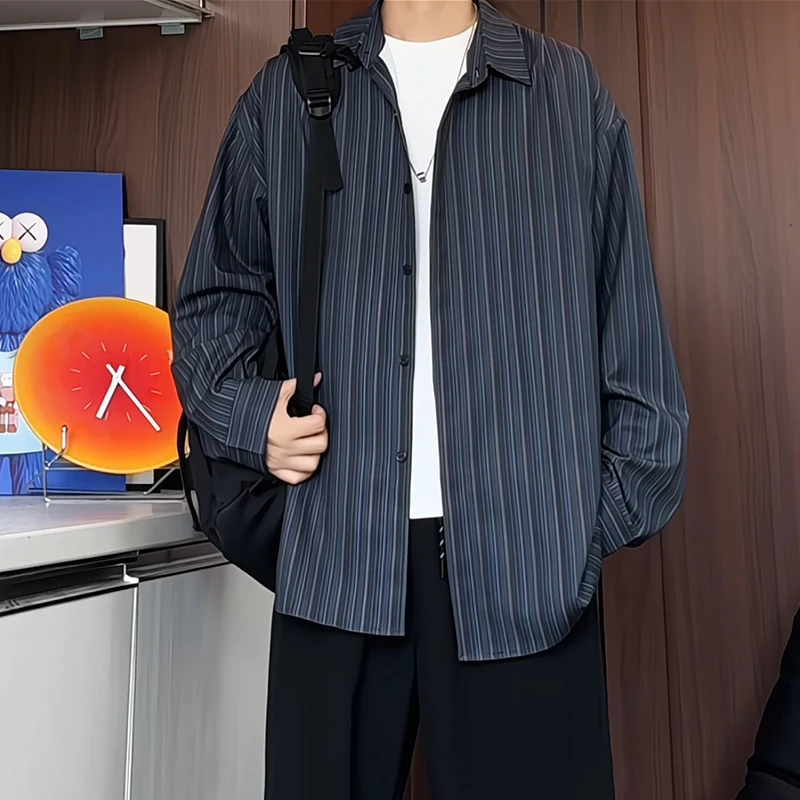 秋装新款老钱风条纹衬衫男暗门襟设计感潮宽松大码长袖男士衬衣