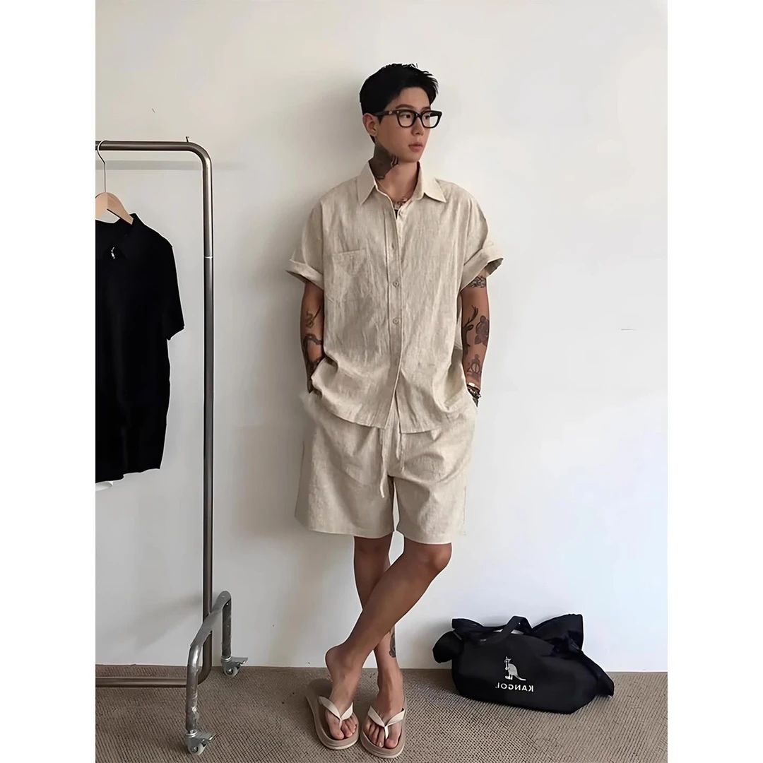 人夫感穿搭老钱风亚麻衬衫短裤套装男士高级感痞帅夏装搭配一整套