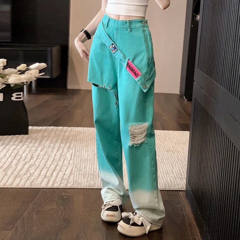 大码美式侧边拉链破洞牛仔裤女夏季设计感重工艺高腰阔腿长裤子潮