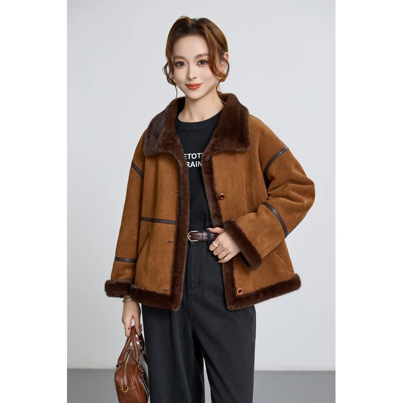 美拉德咖色加厚绒短款羊羔绒外套女秋冬2025新款韩系翻领夹克