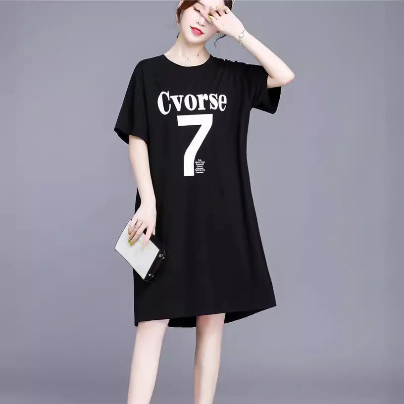 CY0366#韩版洋气长款中长款露背印花T恤遮肚过膝短袖大码