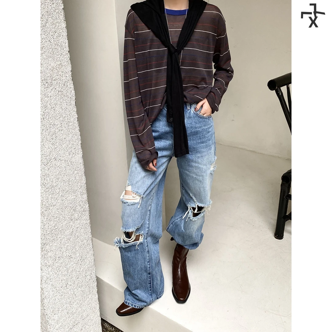 LLX7-ST2025新款破洞直筒牛仔裤高级感中腰磨破韩系显瘦牛仔长裤