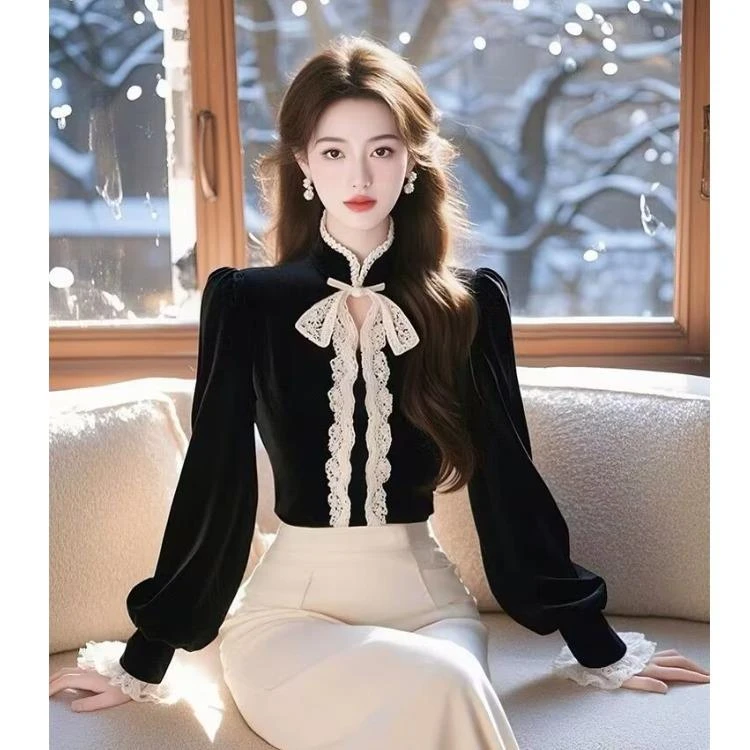 小香风丝绒立领长袖衬衫女秋冬季新款内搭高级感名媛别致独特上衣