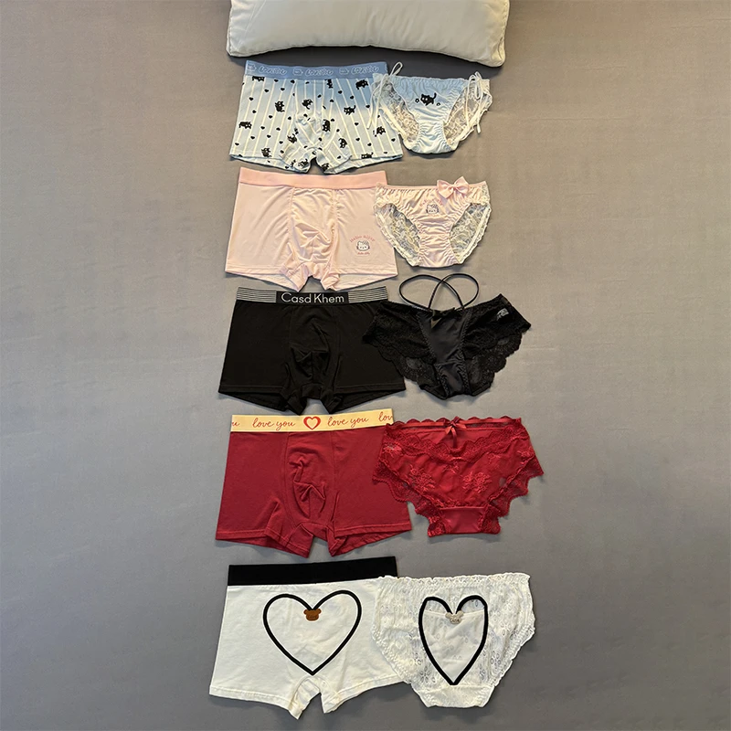 粉萌甜恋~冰丝情侣内裤薄款一男一女卡通可爱纯欲粉色平角三角裤